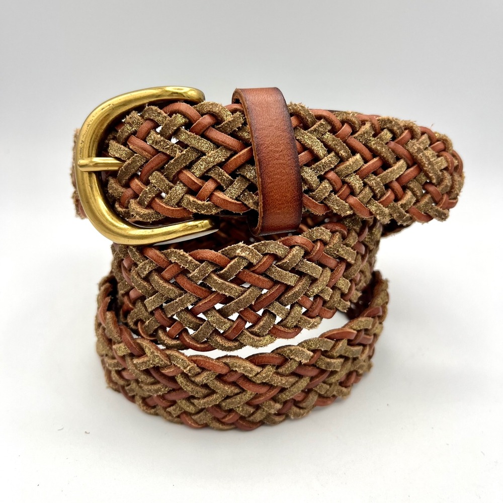 Fossil Brown Gold Braided Leather Belt Size M BT4013215 Brass Buckle Boho Rustic